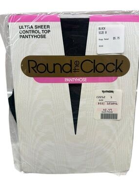 Vtg Round The Clock 5033 Ultra Sheer Control Top Pantyhose Size B Black